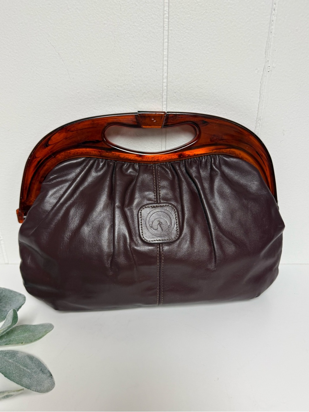 Vintage Mid-Century 70s Faux Leather Slouchy Lucite Handle Clutch Bag Maroon